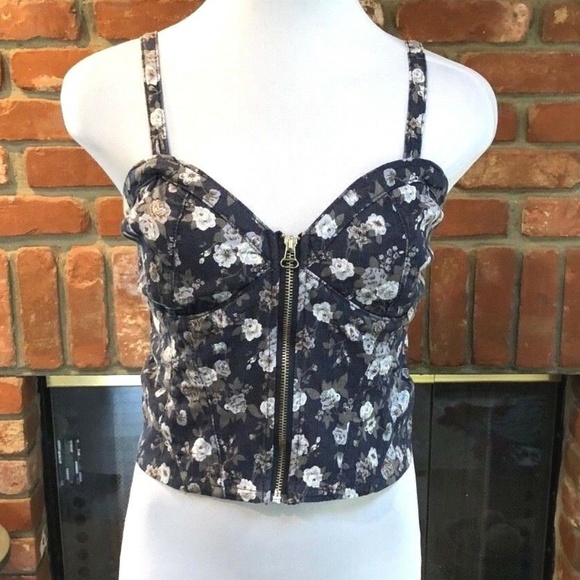 Vintage Blue Floral Bodice Corset Crop Shirt - Picture 2 of 7